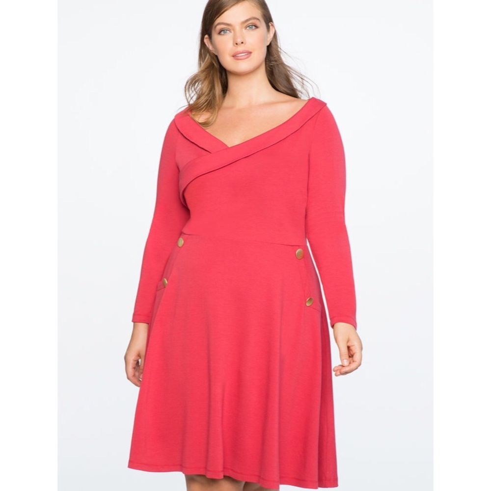 Eloquii Red Gold Button Detail Fit & Flare Surplice V Neck Dress 18 NWT